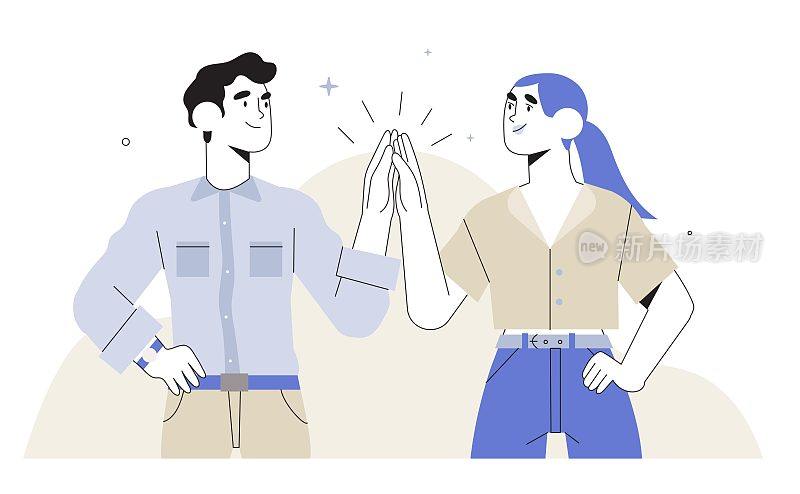 Man and woman clapping hands in high five isolated on white in flat style. Concept of business or startup success.